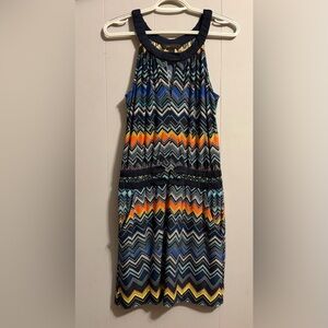 BCBG MaxAZRIA Chevron Zigzag Sleeveless Dress in Navy, Orange & Teal